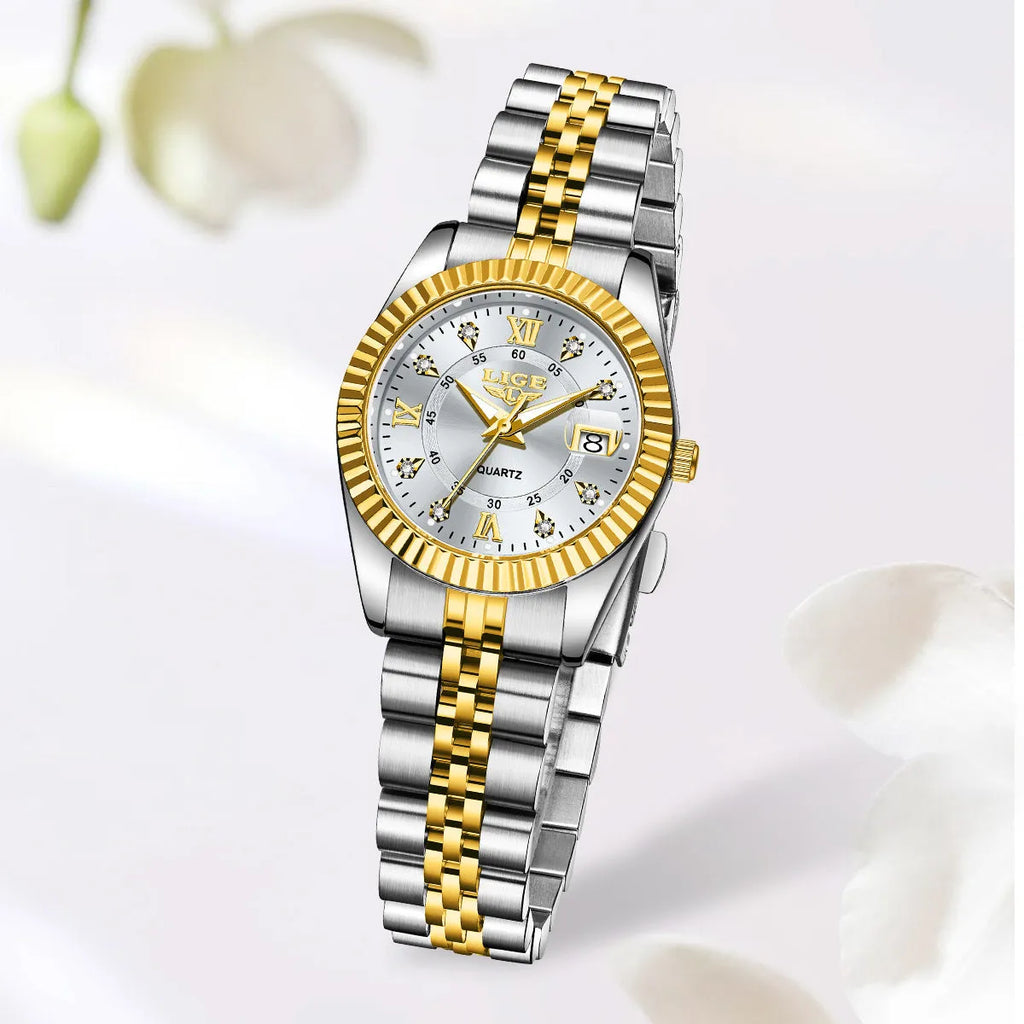 Women's waterproof quartz fashion watch showing gold and silver colour variations with 10mm thickness