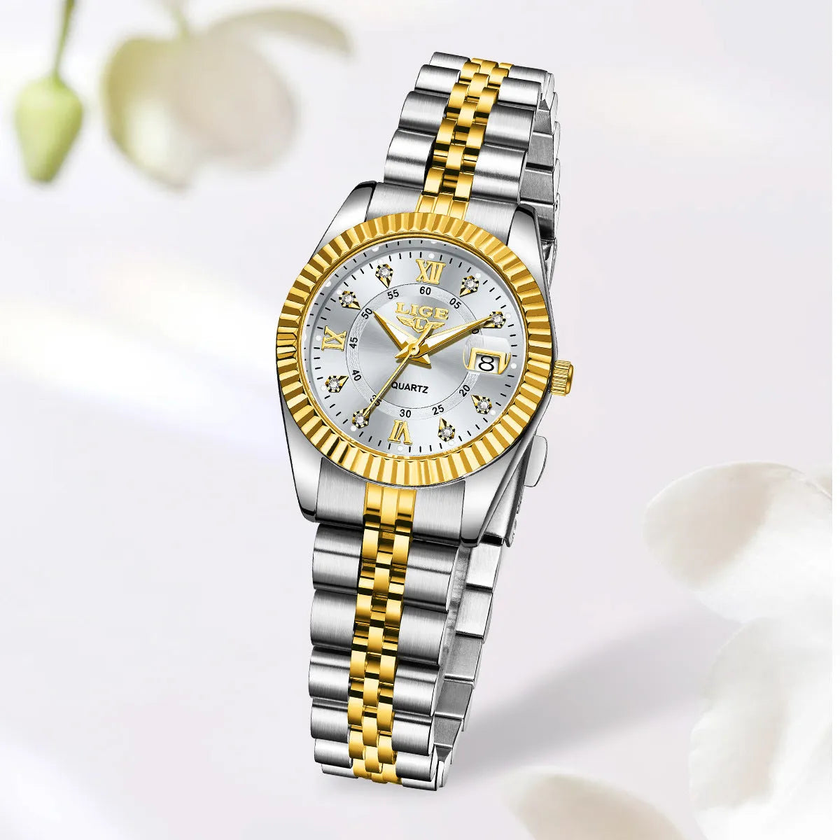 Women's waterproof quartz fashion watch showing gold and silver colour variations with 10mm thickness