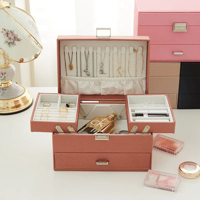 Hard PU leather jewellery storage box in European-American style measuring 22.5cm x 15.5cm x 14cm