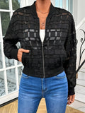 Black women's casual zip jacket with a geometric pattern on semi-transparent polyester fabric.