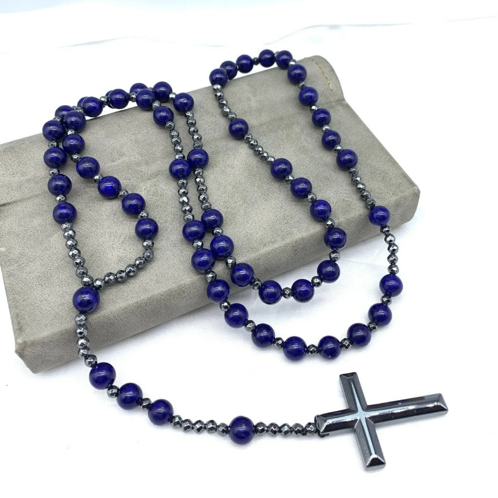 Men's stone cross pendant necklace on an 80cm ball bead chain with safety lock
