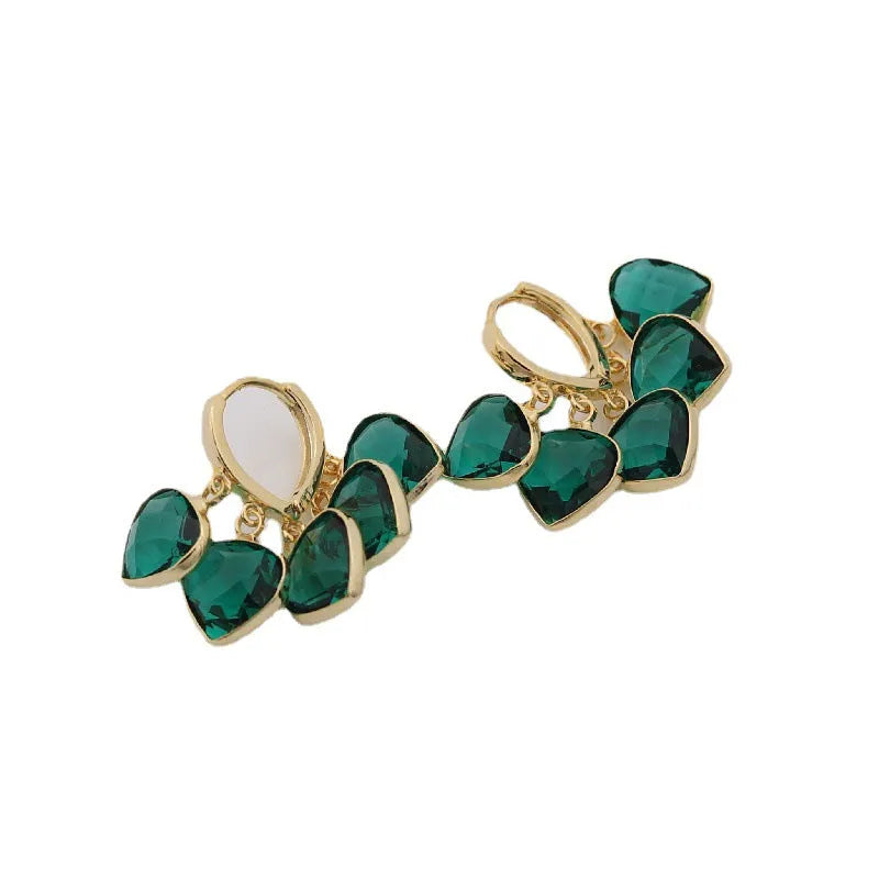 Green heart pendant ear clip earrings in Korean style with copper and artificial gemstone construction