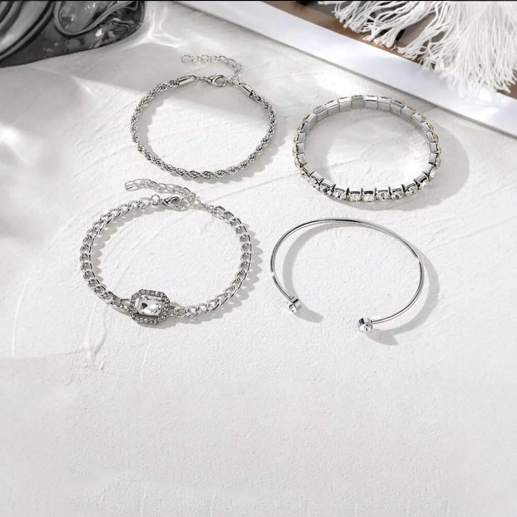Four-piece geometric retro bracelet set with square diamond design in gold finish
