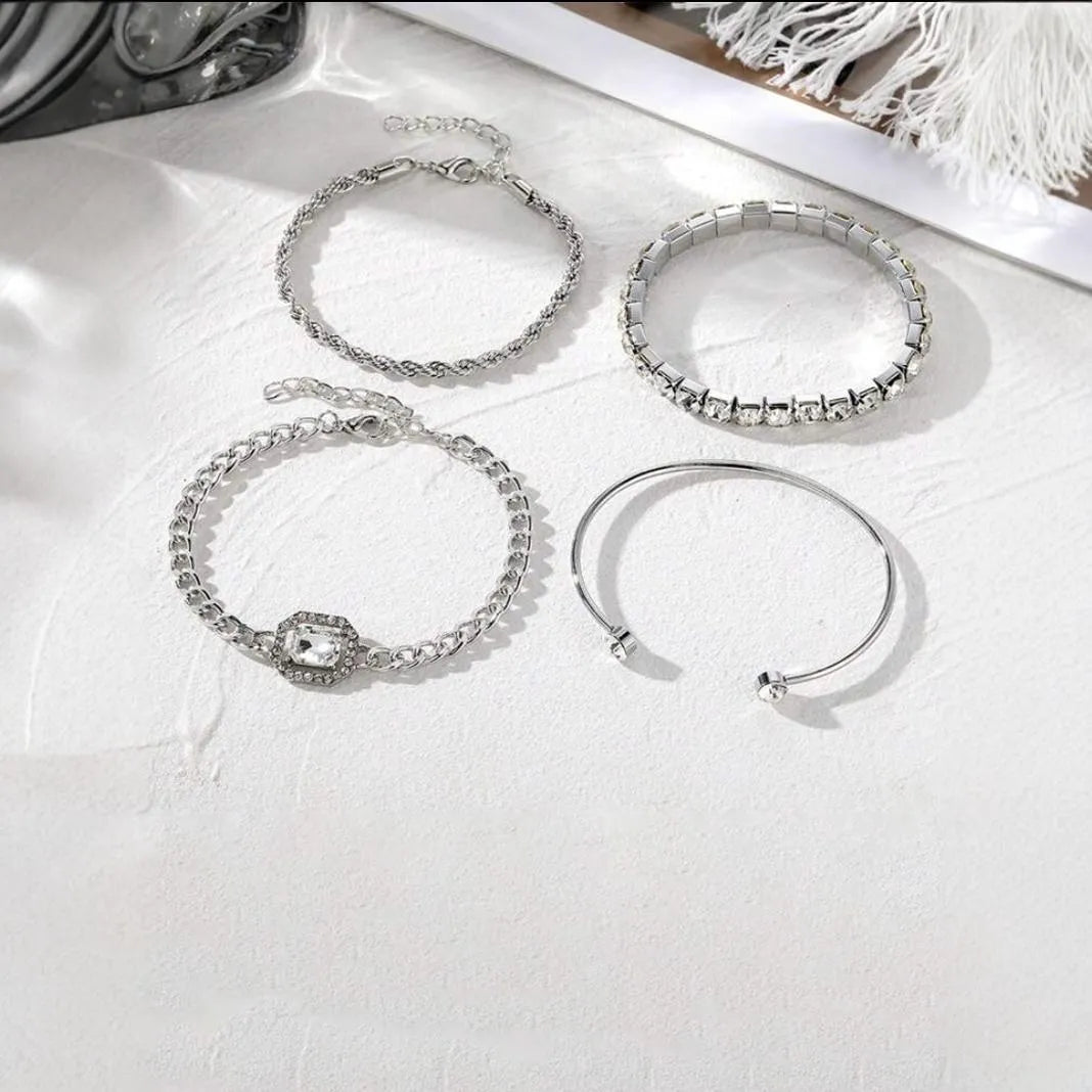 Four-piece geometric retro bracelet set with square diamond design in gold finish