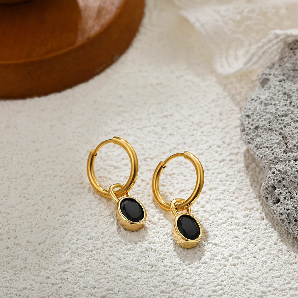Women's retro oval zircon earrings in copper metal with ellipse design, shown in multiple colour options