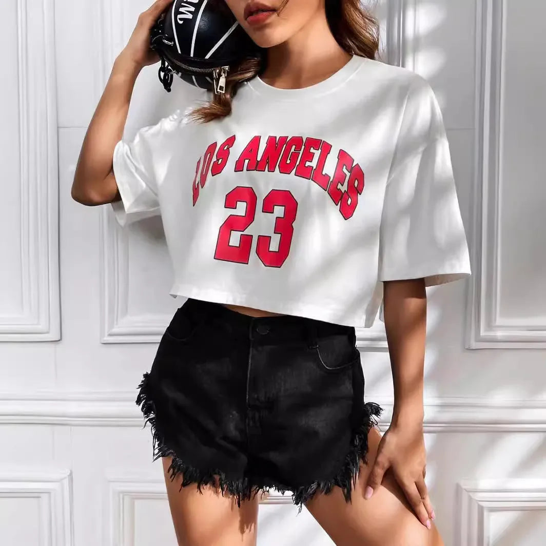 Cotton short sleeve t-shirt with exposed navel design and printed English letters in loose casual style