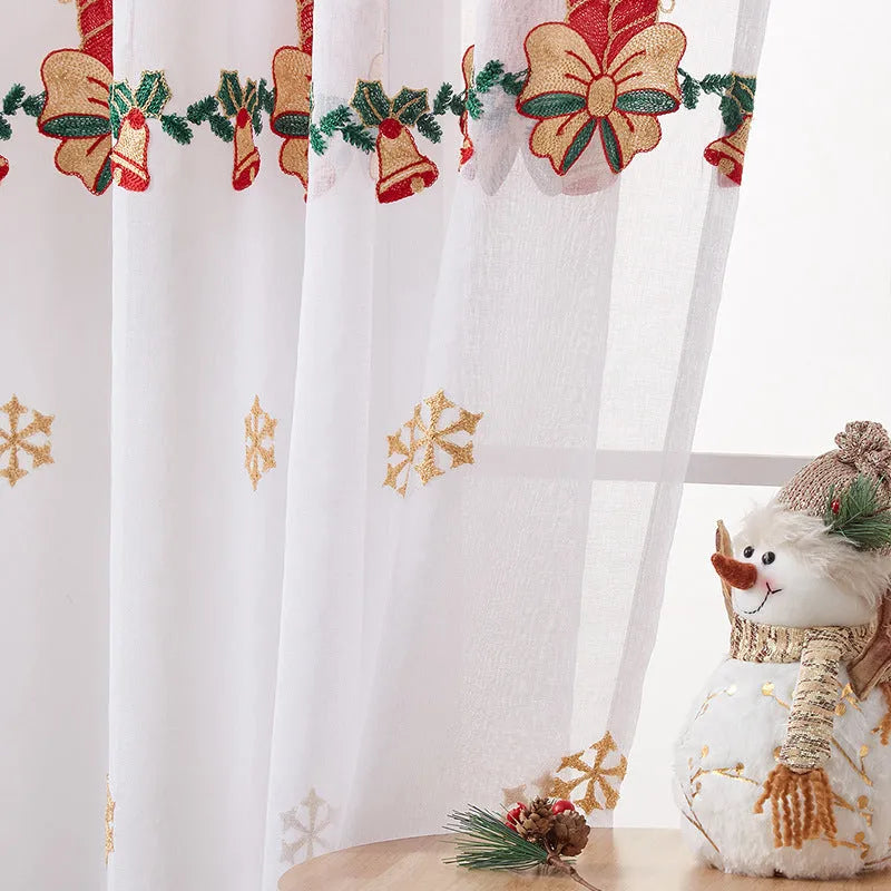 Pair of red and white Christmas curtains with embroidered snowflake pattern on polyester fabric