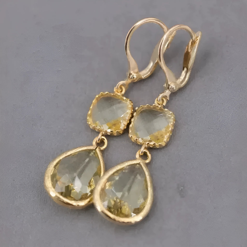 Gold geometric long fringe earrings with crystal droplets on electroplated copper
