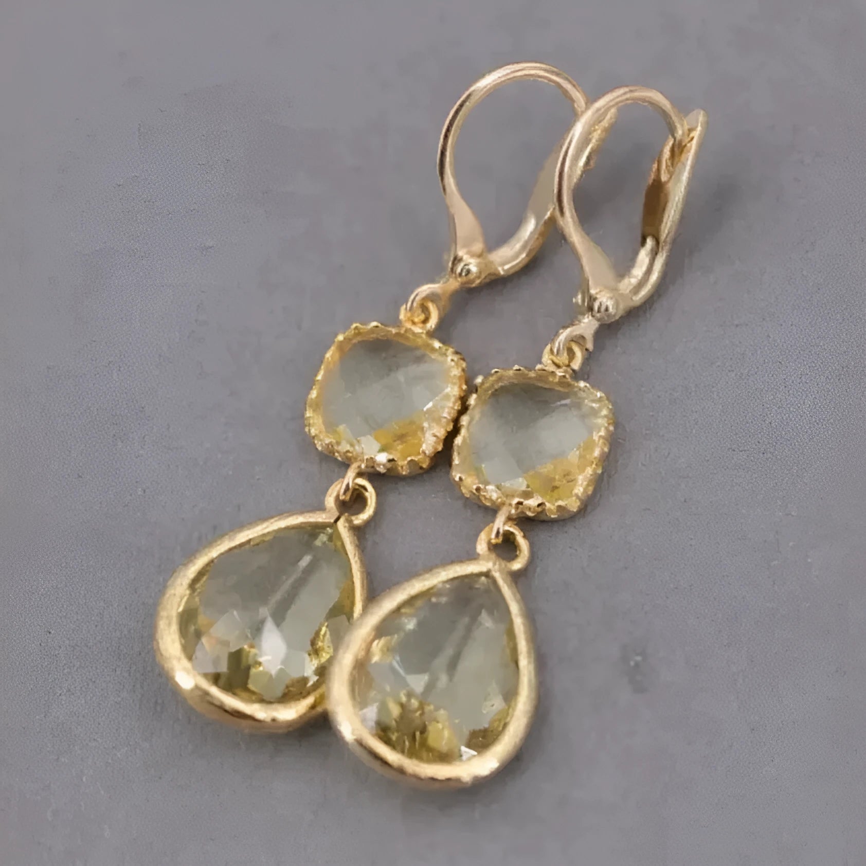 Gold geometric long fringe earrings with crystal droplets on electroplated copper