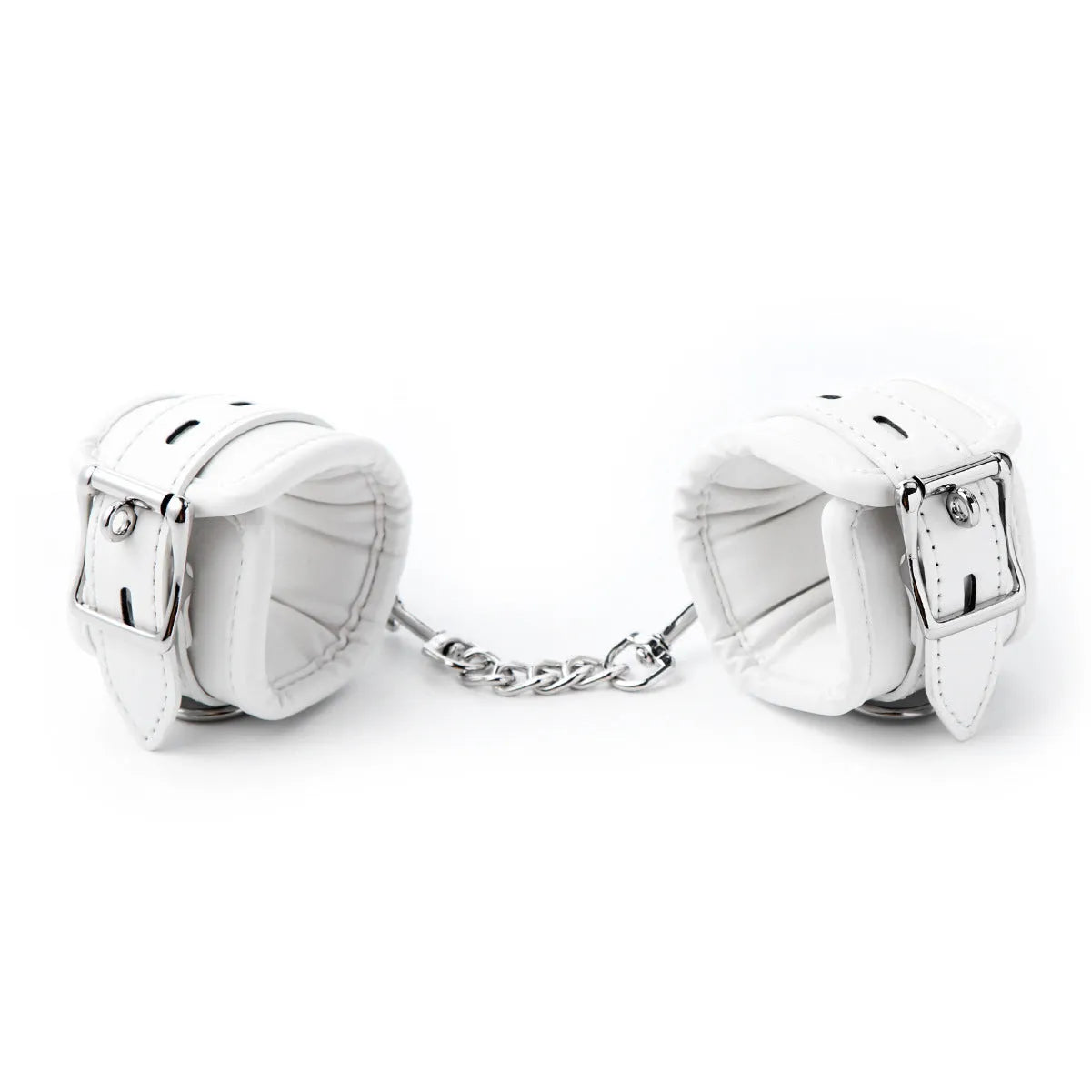 White PU sponge bondage kit showing handcuffs, foot cuffs, and a neck cuff for adult restraint play.