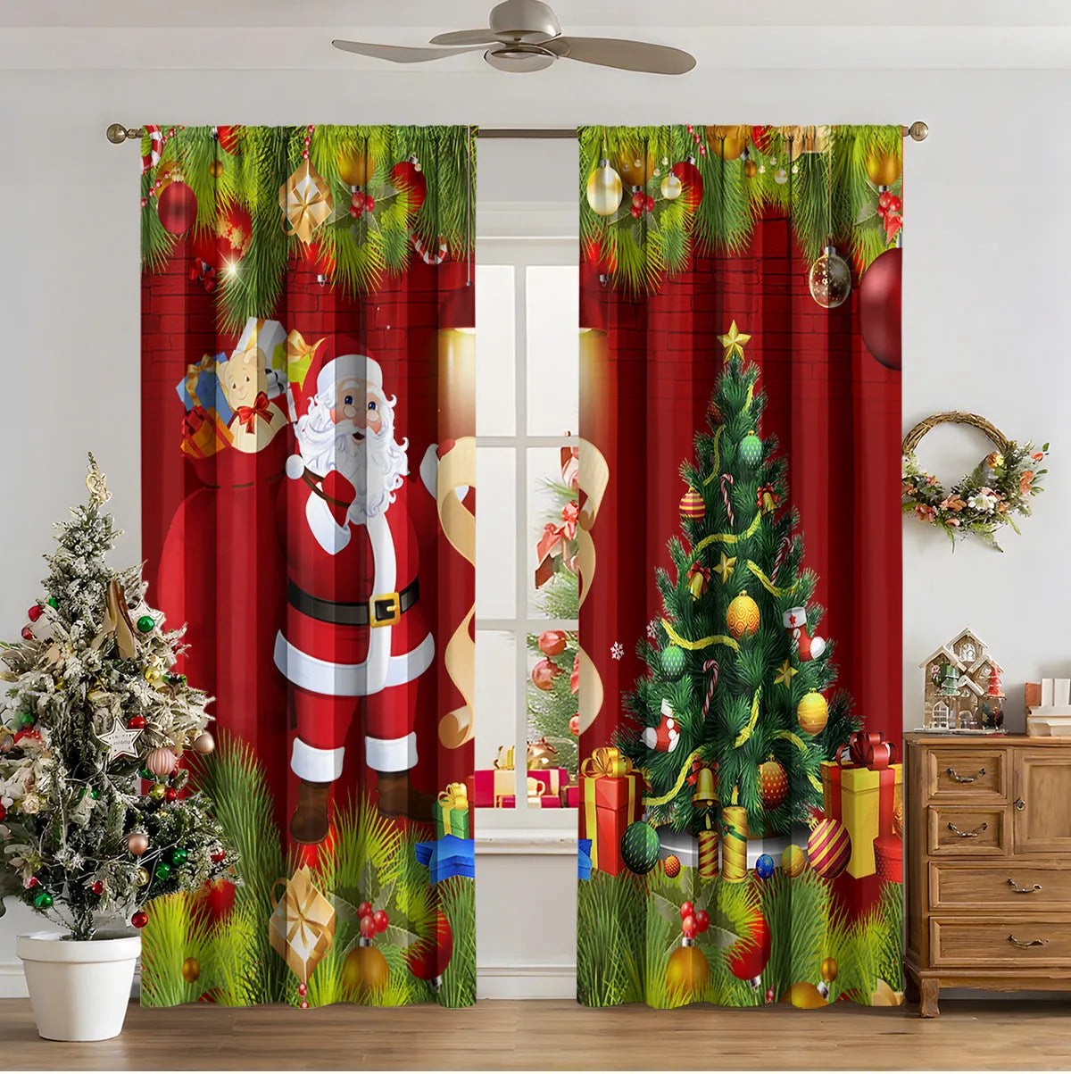 3D digital printed Christmas pattern on polyester curtain hanging in a window