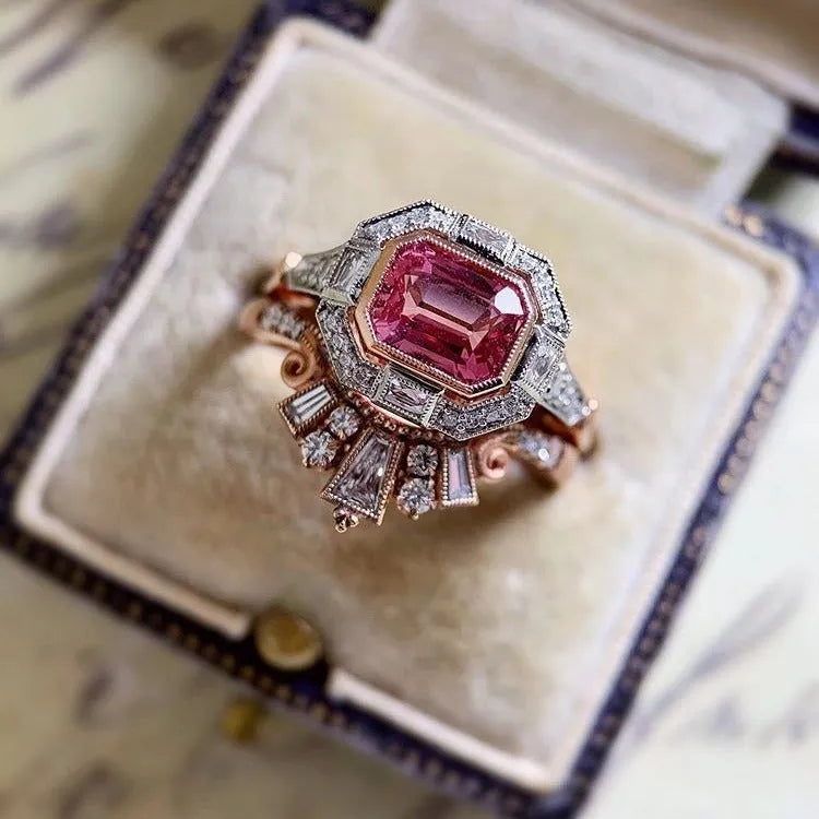 Women's retro style fashion ring with ruby design in rose gold alloy with geometric shape