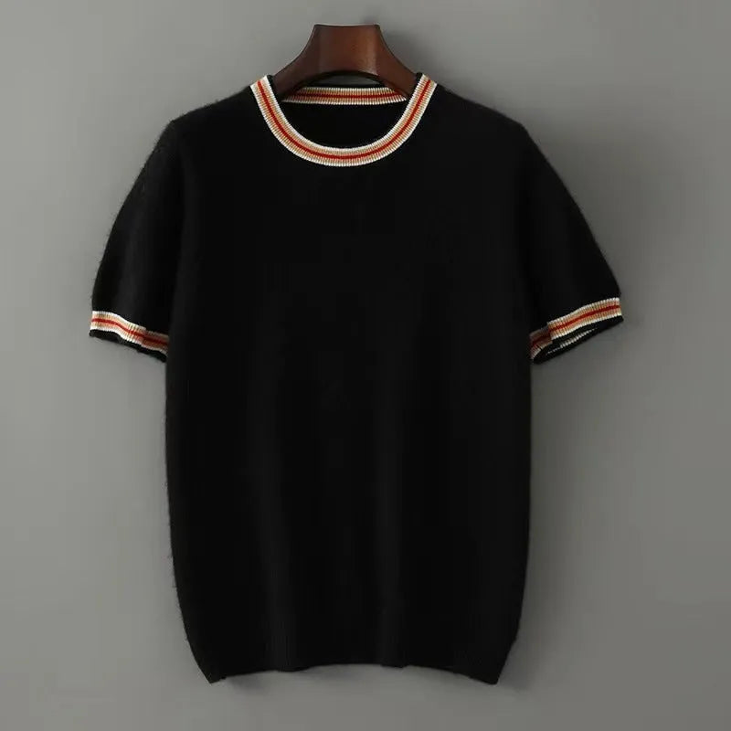 Men's short sleeve pure wool sweater in grey, showing round neck and pullover style on a middle-aged model.
