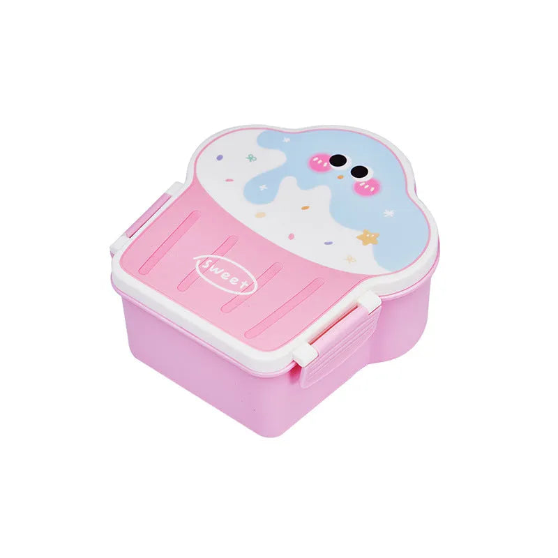 Pink and blue creative ice cream shaped plastic lunch box with spoon and fork on a white background.