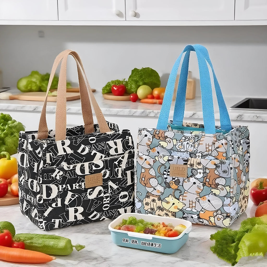 Women's printed canvas handbag with aluminium hardware in horizontal square shape