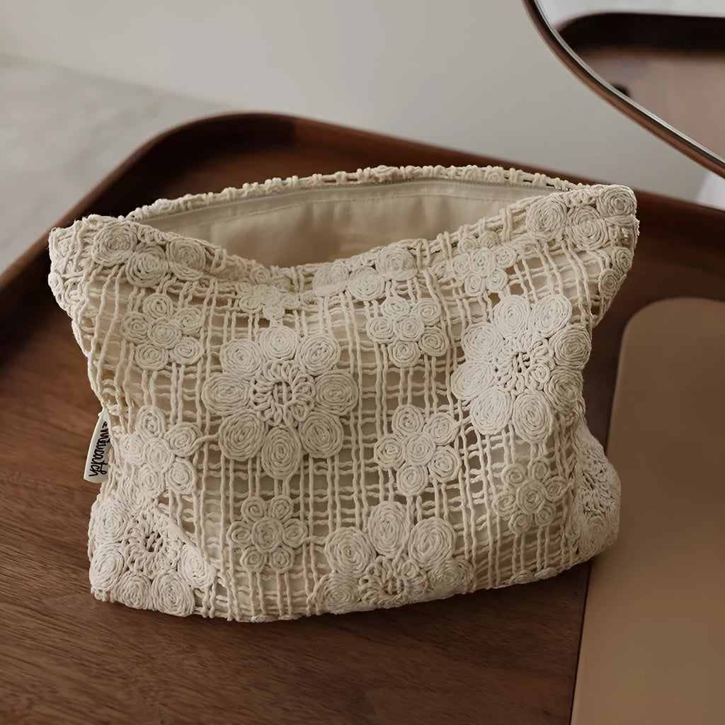 Handmade corducrochet hollow flower cosmetic bag with ethnic embroidery, rope colour variation