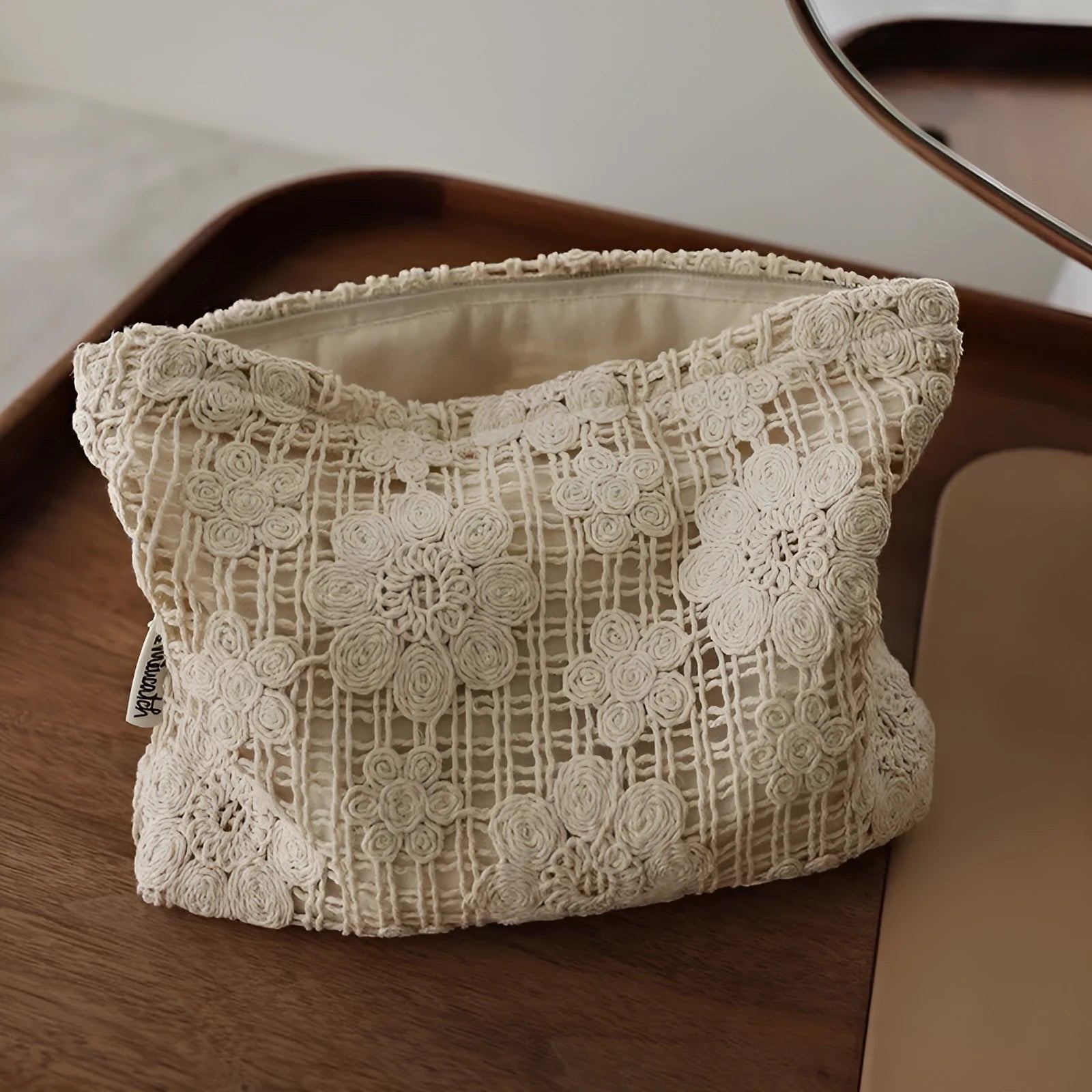 Handmade corducrochet hollow flower cosmetic bag with ethnic embroidery, rope colour variation