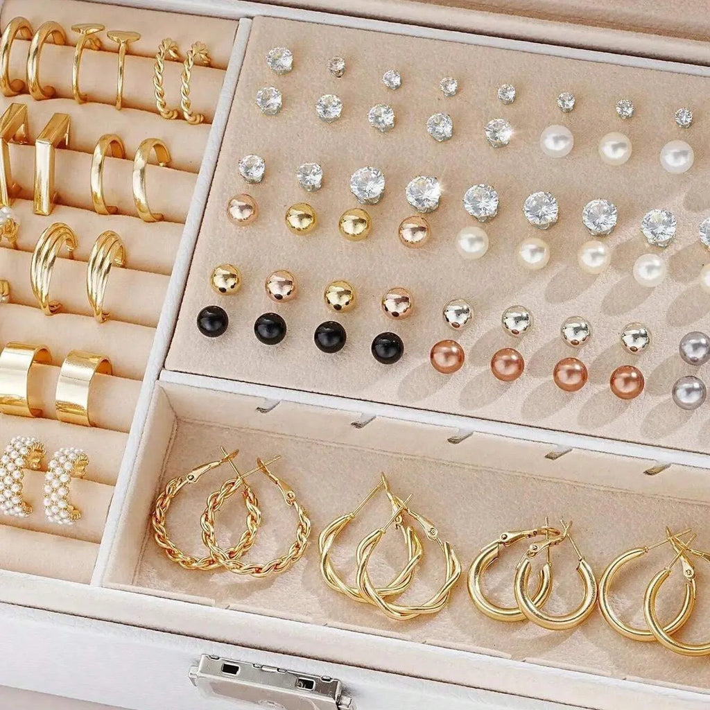 108 geometric pearl earrings with gold and yellow electroplated finishes on alloy construction