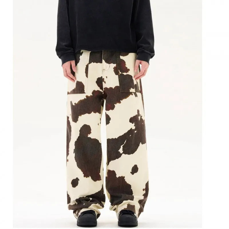 Men's straight-leg trousers with American retro cow pattern showing cardigan button fly opening