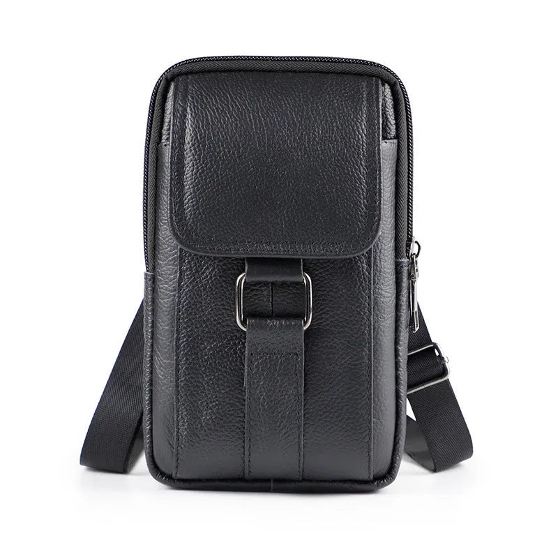 Men's black genuine leather waist bag with lock closure and crossbody strap