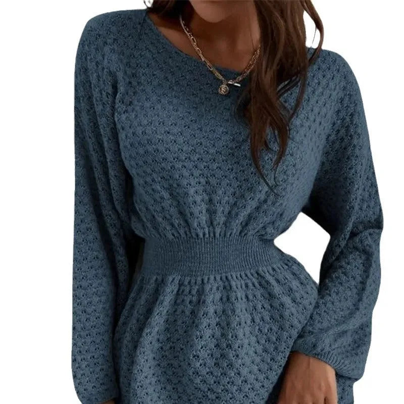 Blue women's knitted dress with hand-crocheted flower embellishments and fitted waist design