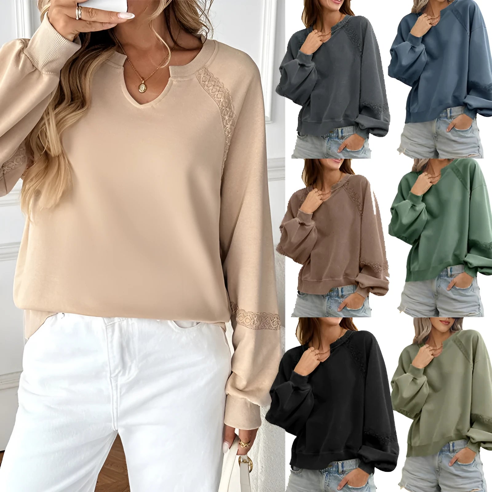 Women's solid colour half-open collar sweater with lace trim in cotton-polyester blend fabric