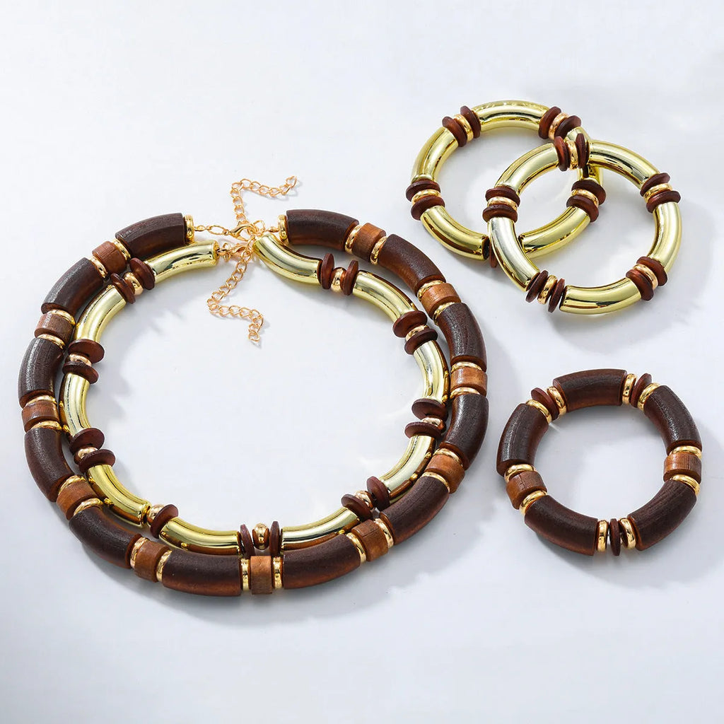 Women multi-layer wooden necklace and bracelet set with alloy chain and circular pendant design