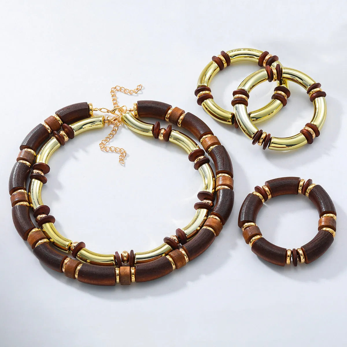Women multi-layer wooden necklace and bracelet set with alloy chain and circular pendant design