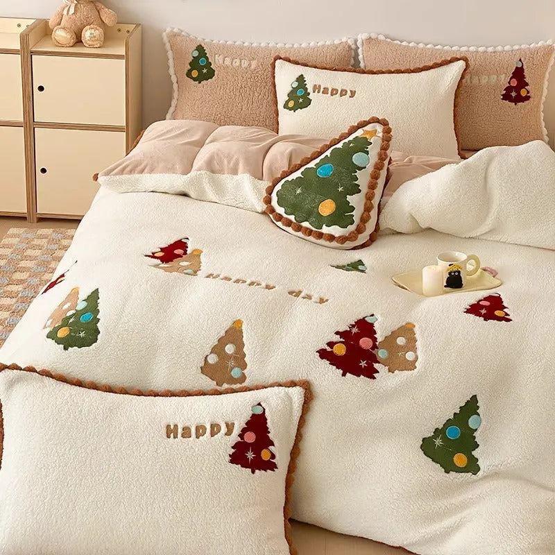 Bright yellow winter Christmas cartoon animation print on a fleece-lined four-piece bedding set