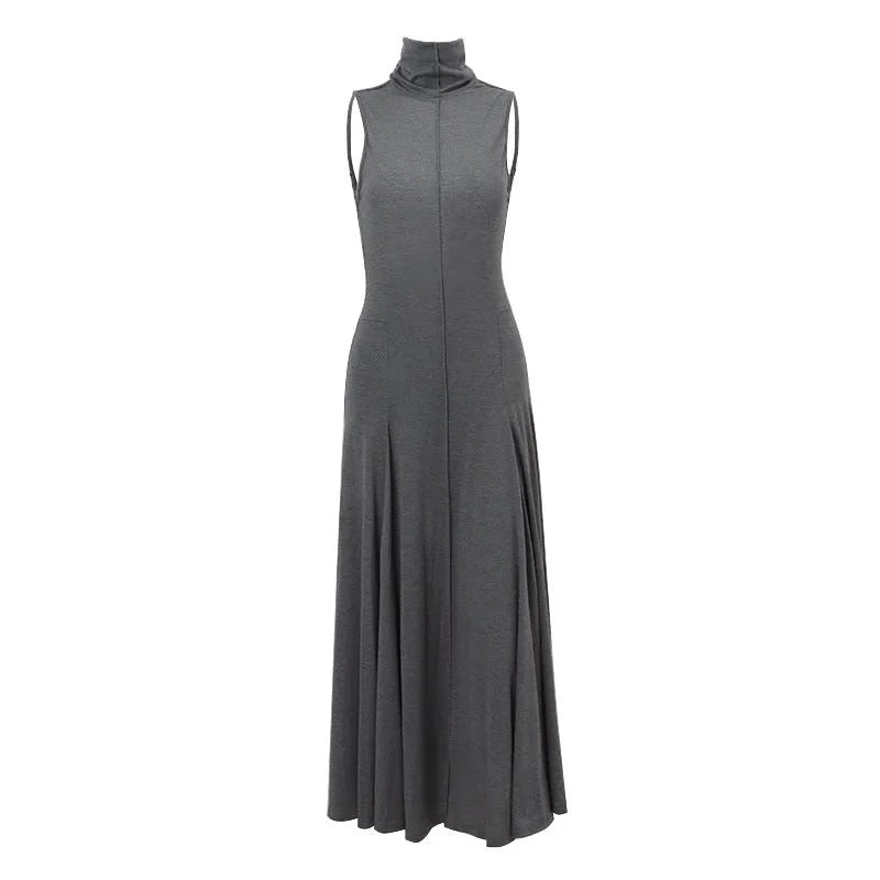 Gray women's slim-fit sleeveless dress with half turtleneck and backless design.