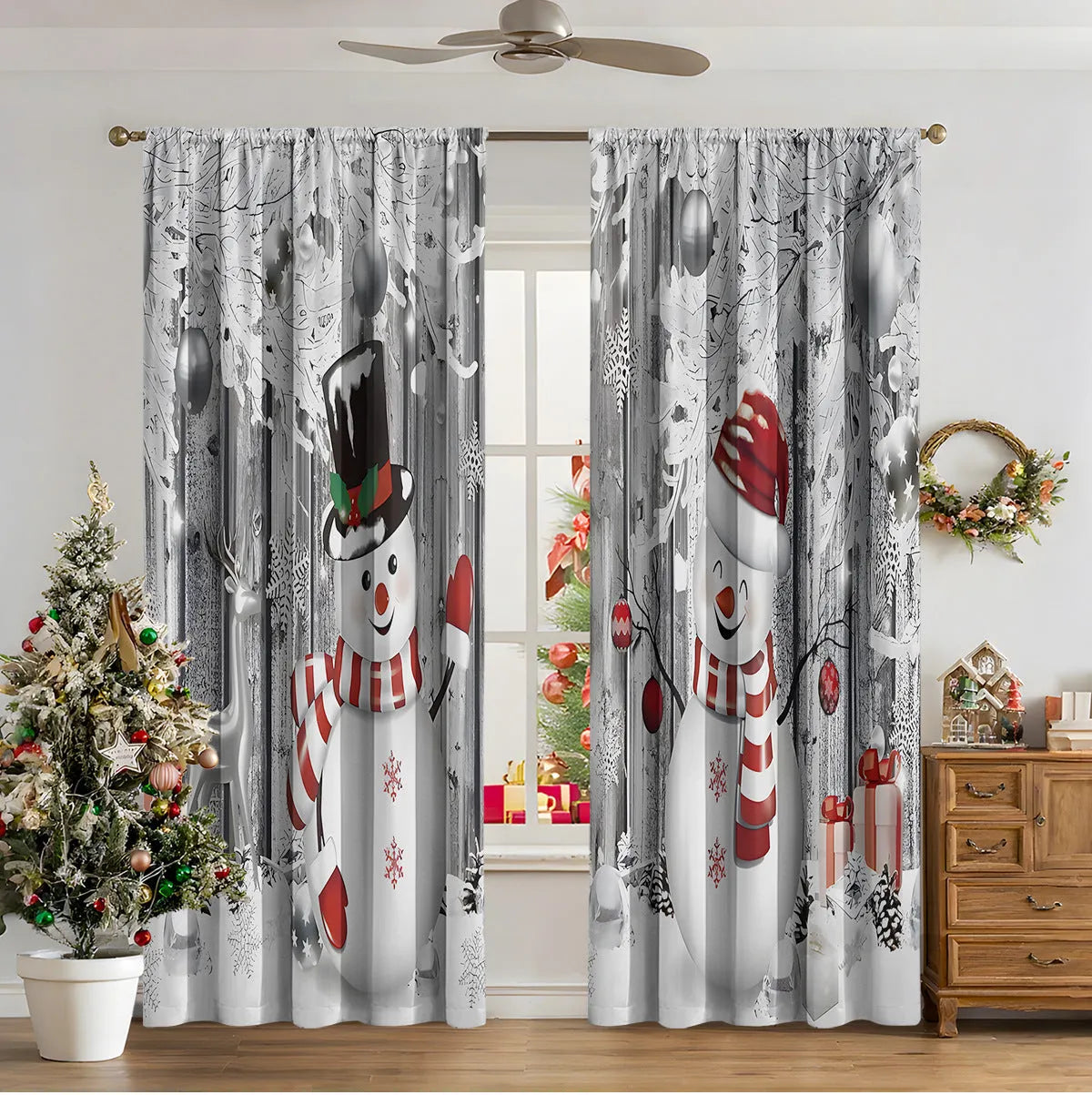 3D digital printed Christmas pattern on polyester curtain hanging in a window