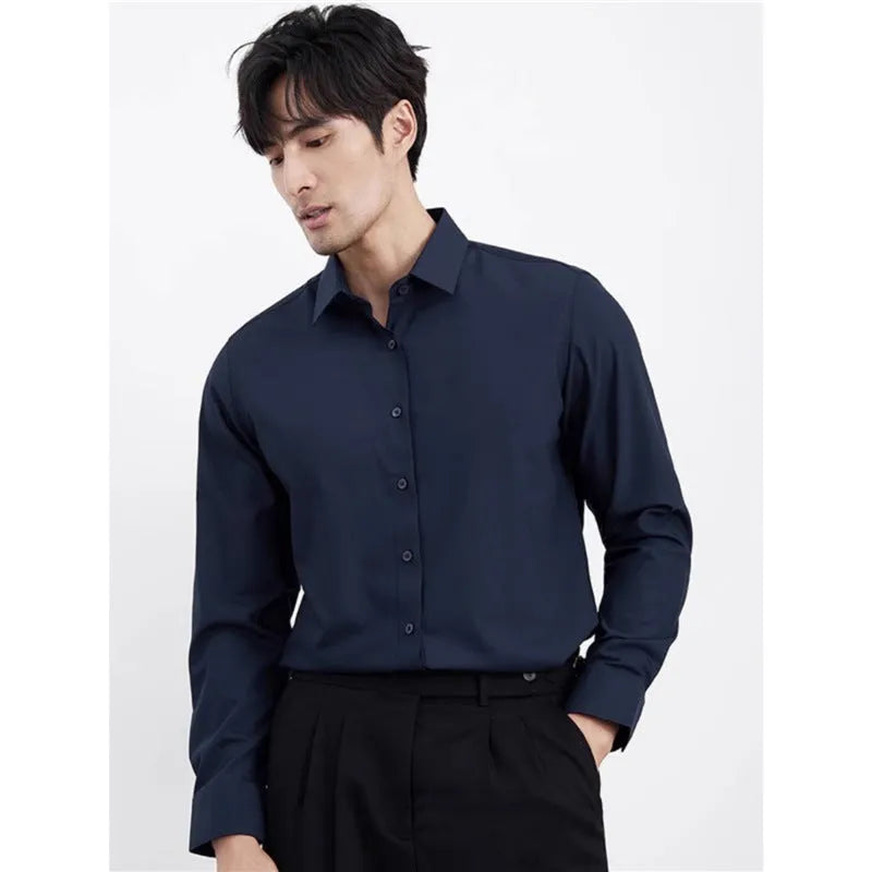 Men's wine red slim fit long sleeve business shirt on a hanger.