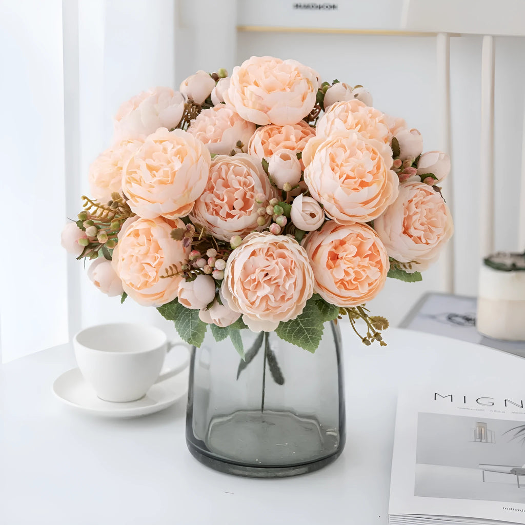 Artificial silk peony bouquet in champagne colour for wedding home décor photography props