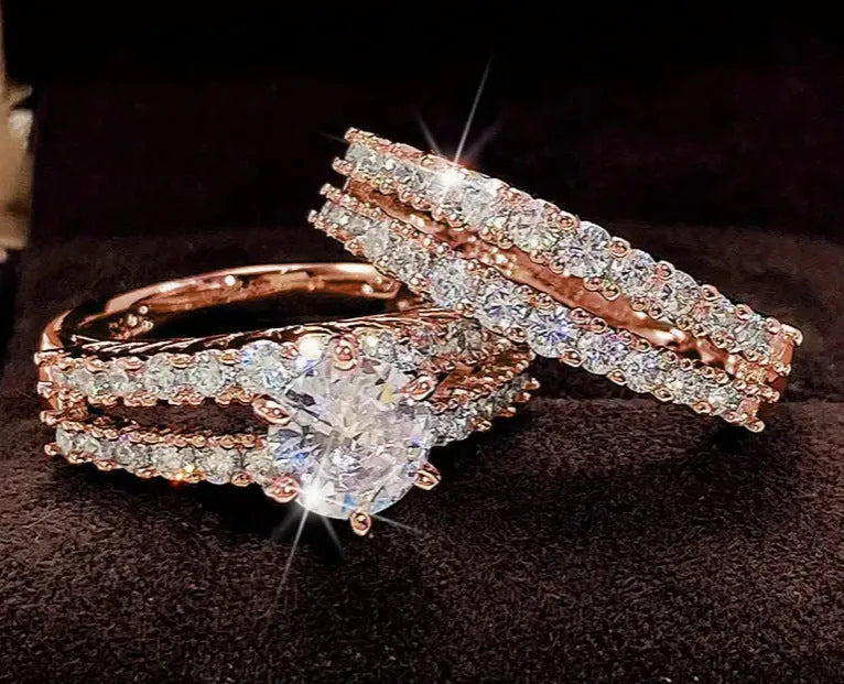 2-in-1 fully-jewelled women's fashion ring set in geometric shape with round elements