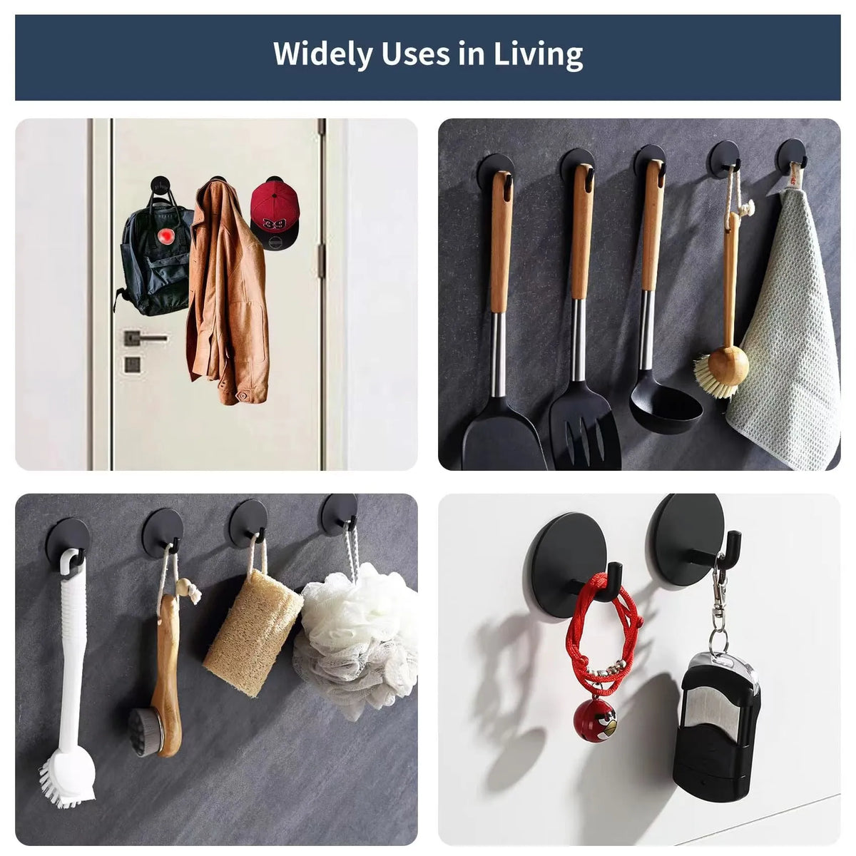 Two stainless steel self-adhesive wall hooks, one black and one with a sanded metallic finish.