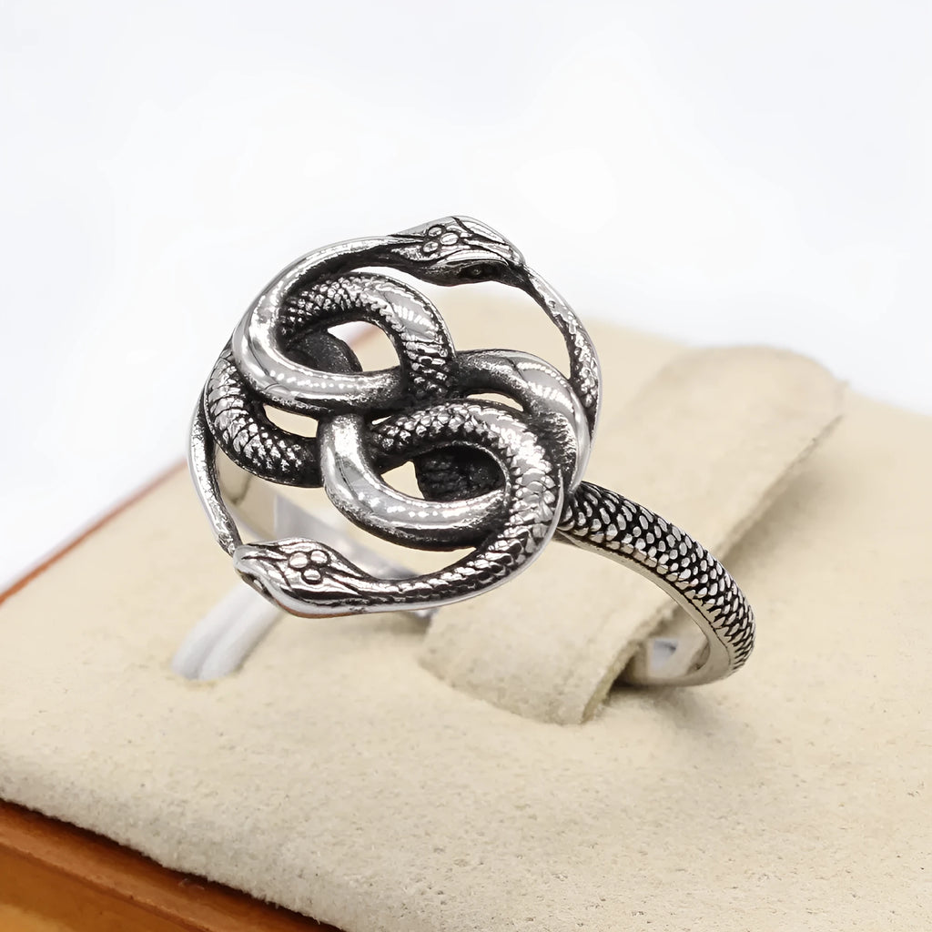Titanium steel double snake ring with retro design in steel colour on size chart