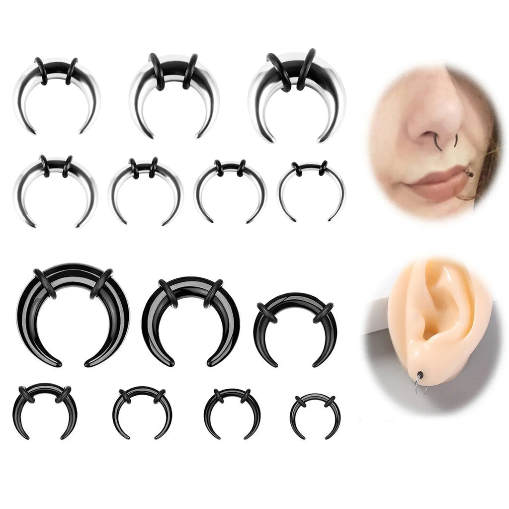 Black and steel coloured C-shaped nose ring with a buffalo horn centre on a grey background