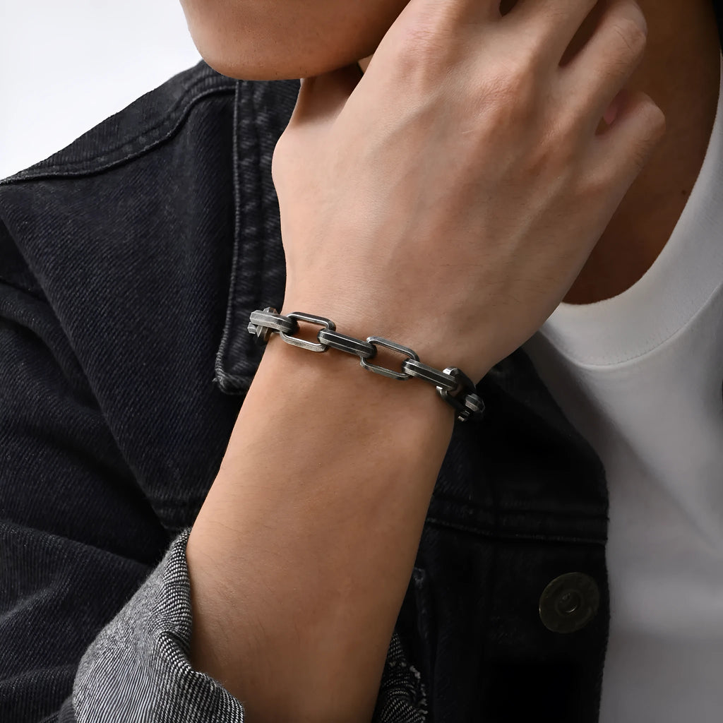 Men's simple square chain titanium steel bracelet in steel, gold, black, and retro electroplated colours.