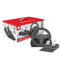 Black multi-platform steering wheel game controller with two pedals and vibration feedback for racing simulation