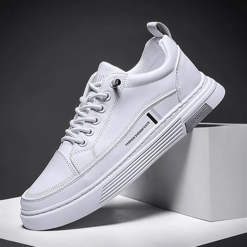 Men's low-top white skateboard shoes with elastic band closure and rubber sole