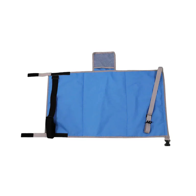 Portable children's aircraft pedal seat extender with drawstring storage pocket in blue