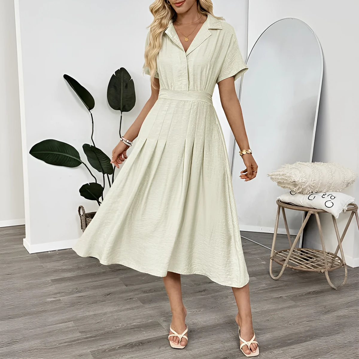 Light green twill shirt dress with lapel, fitted waist and commuter pockets