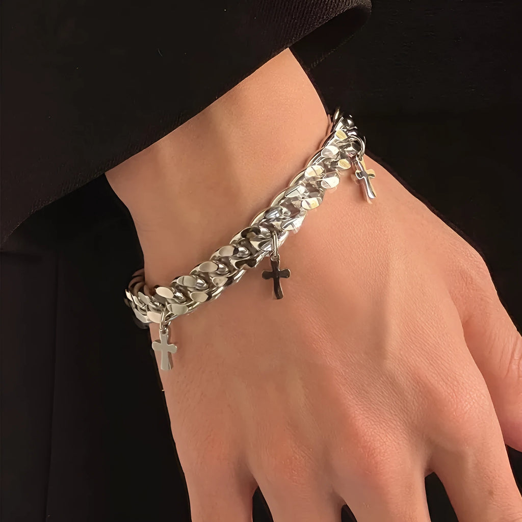 Men's titanium steel bracelet with geometric cross design in cold wind style