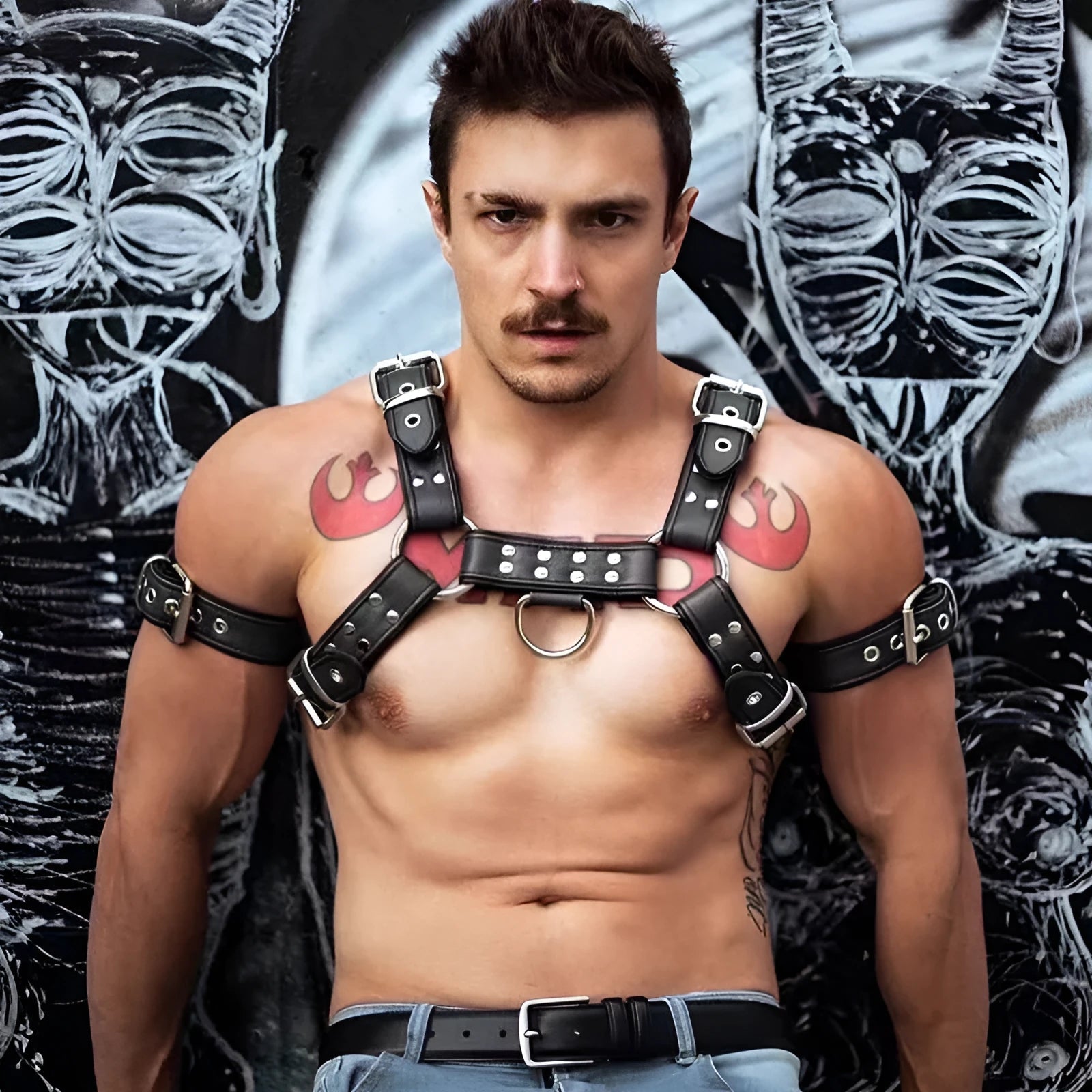 Men's black leather chest strap with metal buckles and rivets
