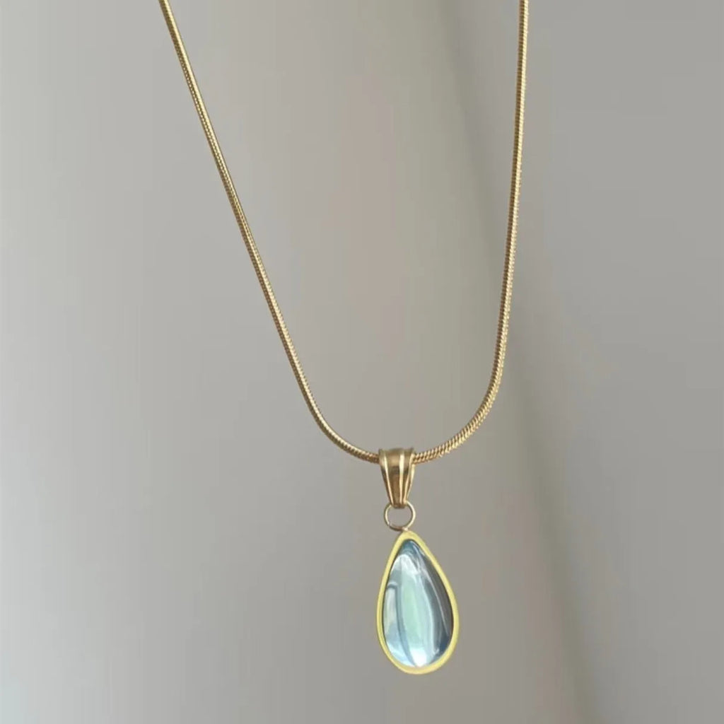 Retro blue and green water drop necklace with titanium steel snake bone chain