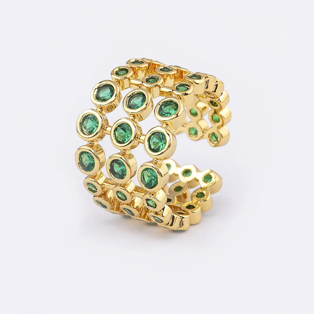 Wide band ring with three layers of green zircon stones and 18K gold plating
