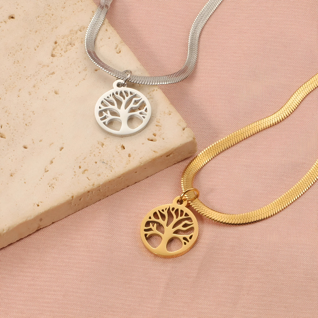 Stainless steel lucky tree pendant necklace with adjustable clasp in gold or steel colour