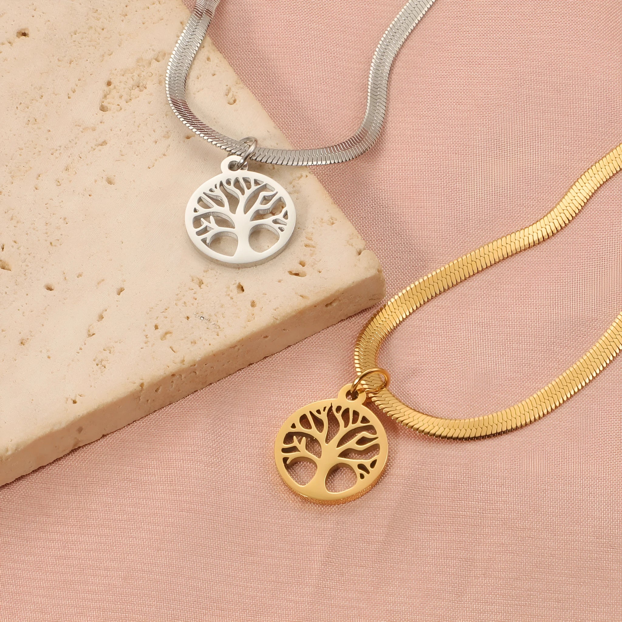 Stainless steel lucky tree pendant necklace with adjustable clasp in gold or steel colour