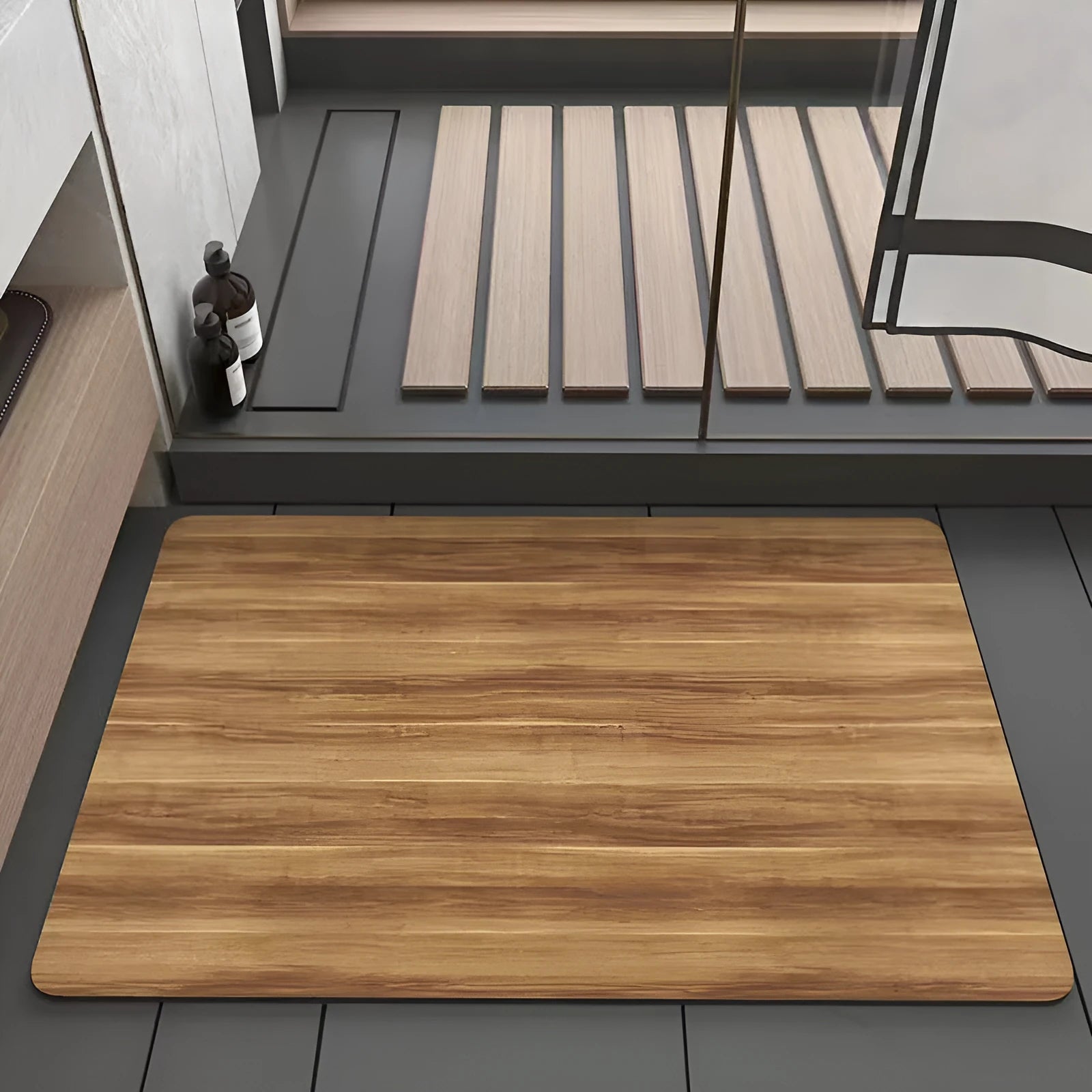 Square diatomite bathroom floor mat with wood grain geometric pattern on a bathroom floor.
