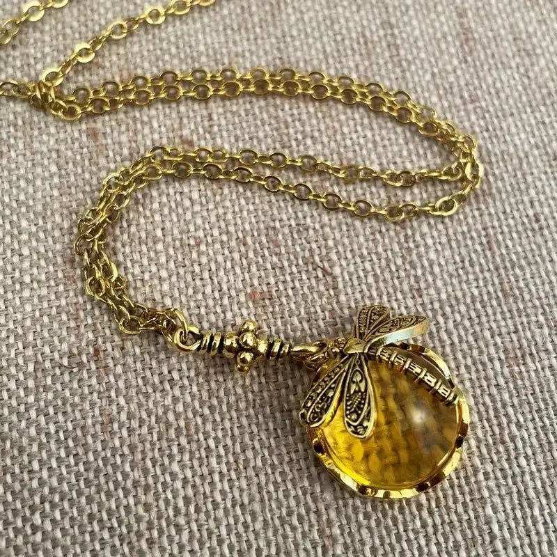 Yellow bronze dragonfly pendant necklace with 925 silver on chain